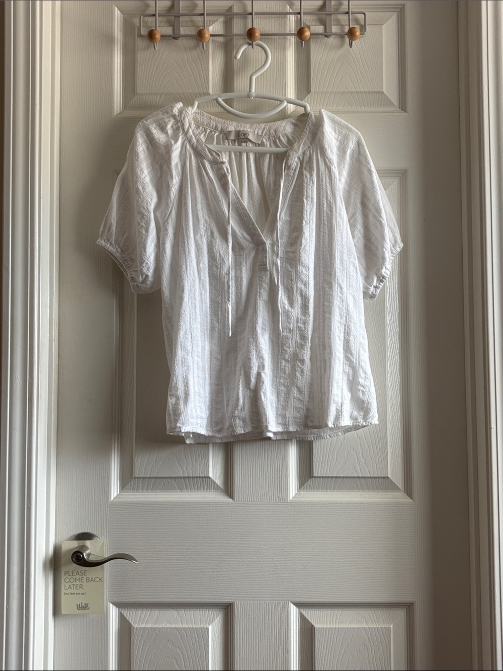 LOFT White Textured Tie-Neck Peasant Top